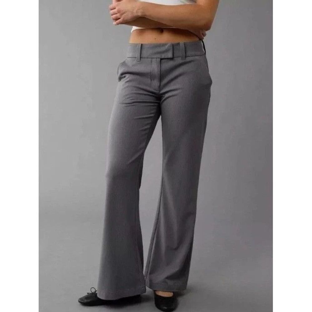 American Eagle Baggy Flare Trouser Pants Womens 4 Gray Wide Leg Career Stretch